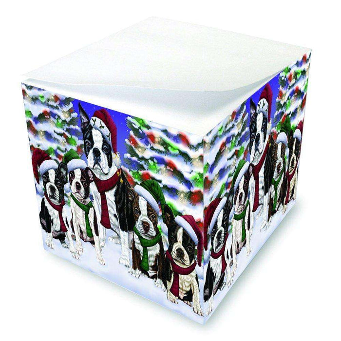 Boston Dog Christmas Family Portrait in Holiday Scenic Background Note Cube D155