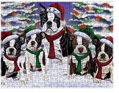 Boston Dog Christmas Family Portrait in Holiday Scenic Background Puzzle with Photo Tin