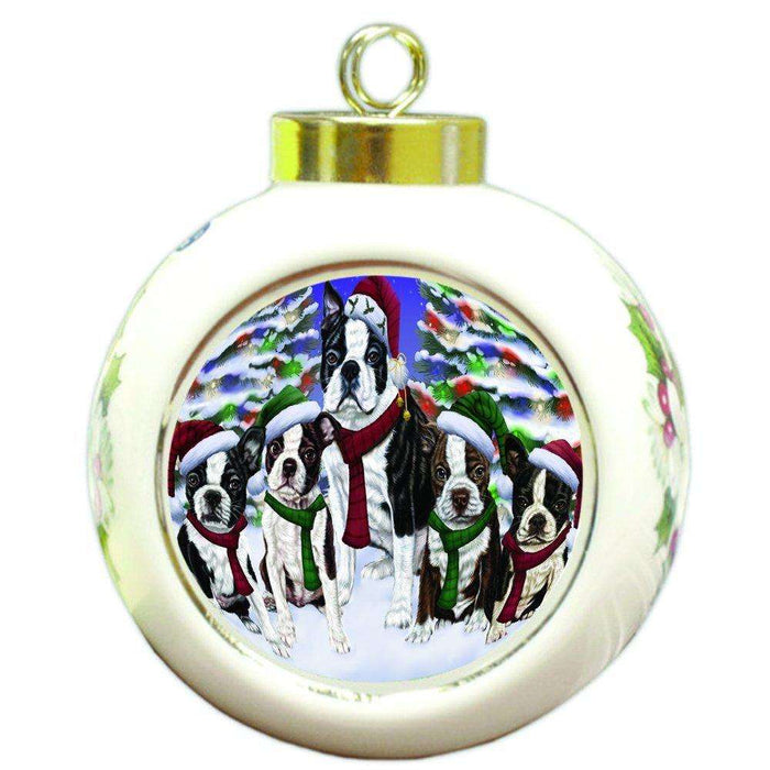 Boston Dog Christmas Family Portrait in Holiday Scenic Background Round Ball Ornament D135