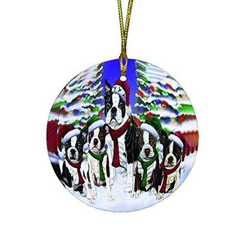 Boston Dog Christmas Family Portrait in Holiday Scenic Background Round Ornament D135