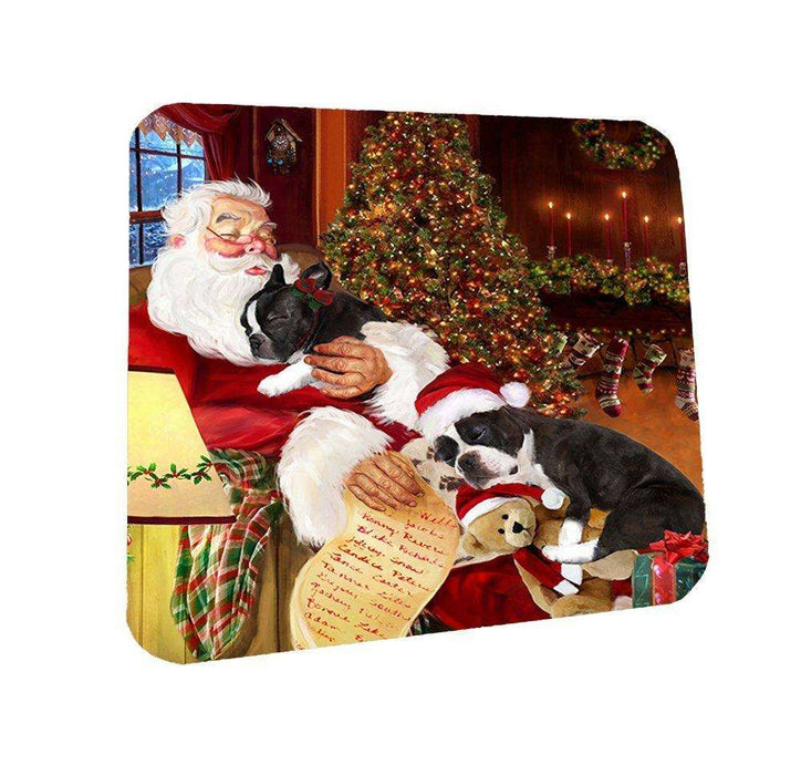Boston Terrier Dog and Puppies Sleeping with Santa Coasters Set of 4