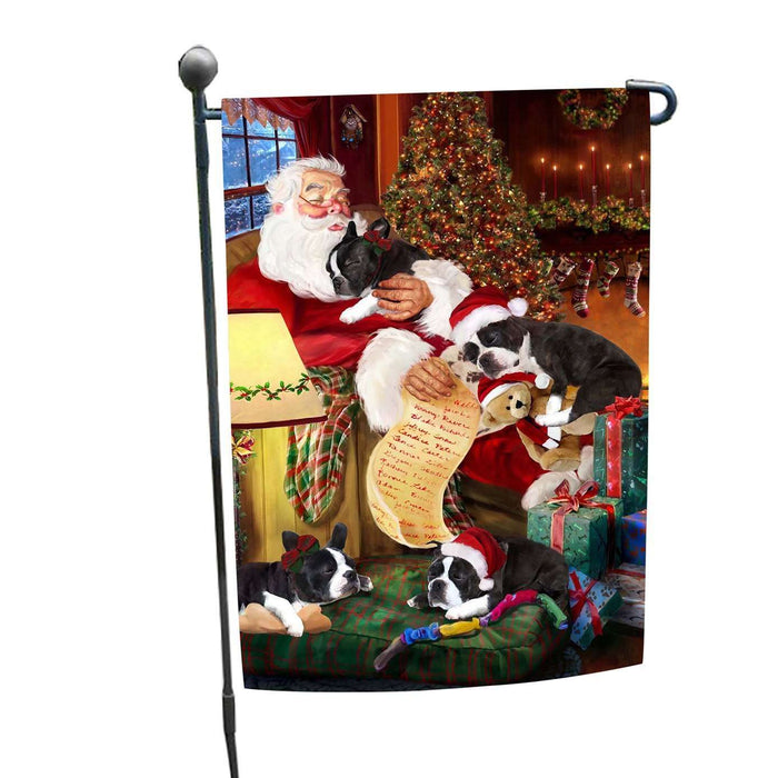 Boston Terrier Dog and Puppies Sleeping with Santa Garden Flag