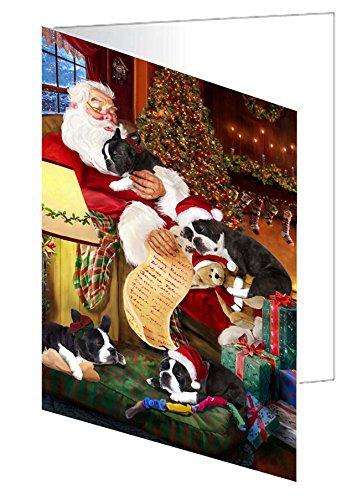 Boston Terrier Dog and Puppies Sleeping with Santa Handmade Artwork Assorted Pets Greeting Cards and Note Cards with Envelopes for All Occasions and Holiday Seasons