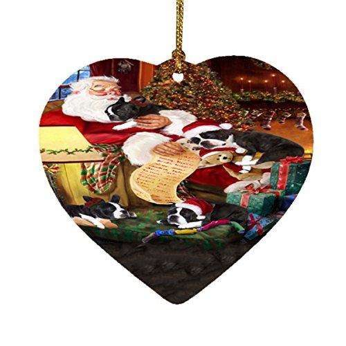 Boston Terrier Dog and Puppies Sleeping with Santa Heart Christmas Ornament