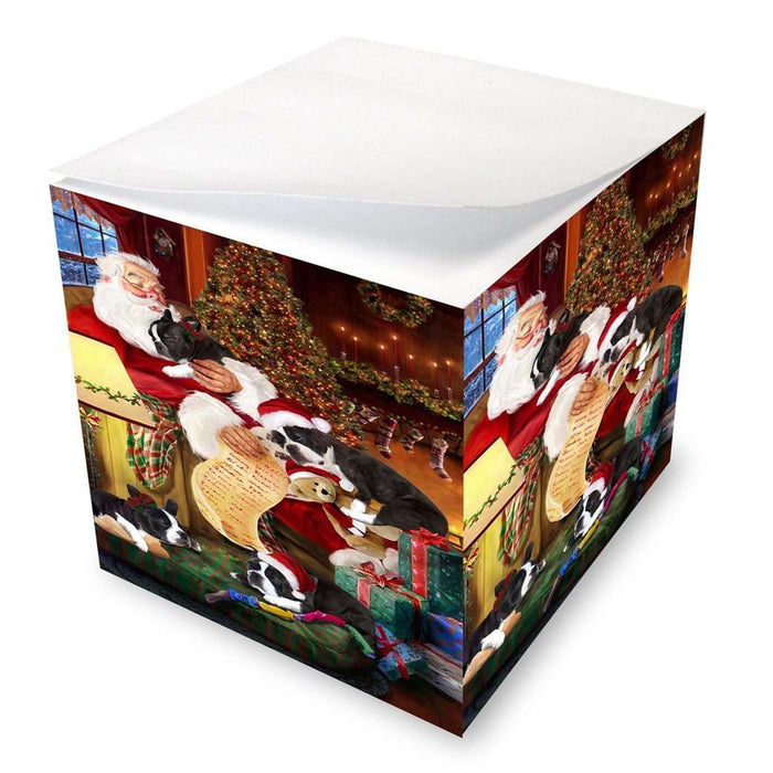 Boston Terrier Dog and Puppies Sleeping with Santa Note Cube