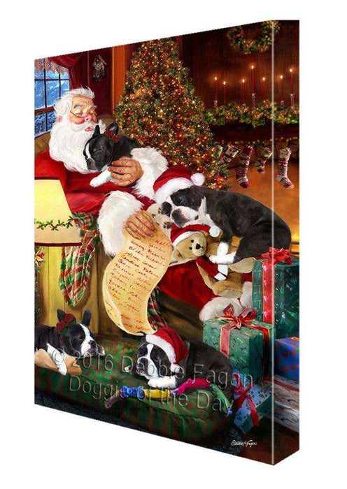 Boston Terrier Dog and Puppies Sleeping with Santa Painting Printed on Canvas Wall Art Signed