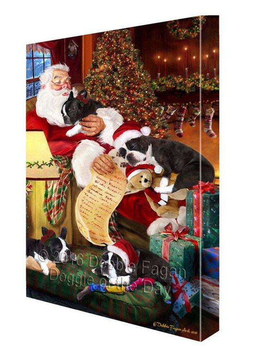 Boston Terrier Dog and Puppies Sleeping with Santa Painting Printed on Canvas Wall Art