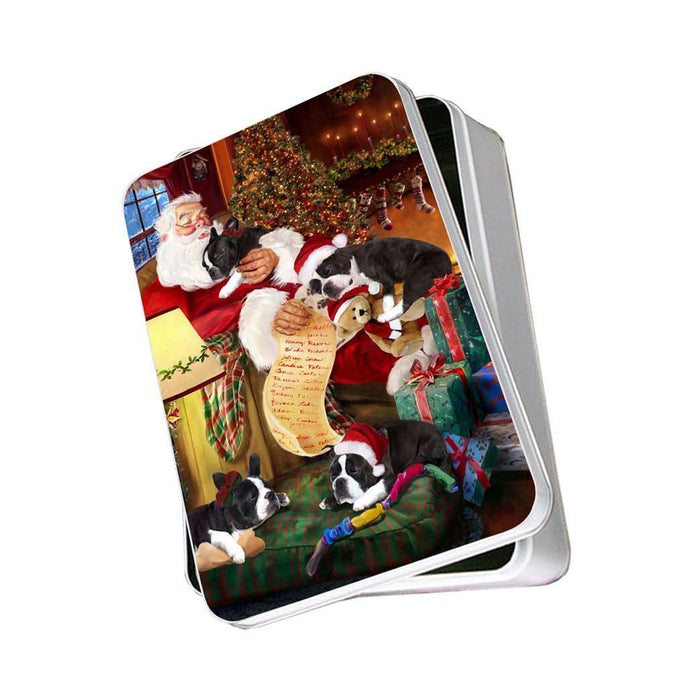 Boston Terrier Dog and Puppies Sleeping with Santa Photo Storage Tin