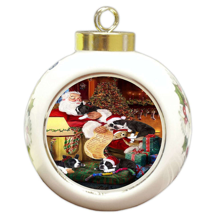 Boston Terrier Dog and Puppies Sleeping with Santa Round Ball Christmas Ornament