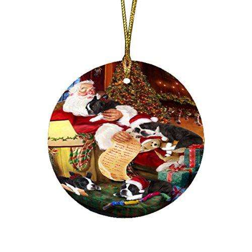 Boston Terrier Dog and Puppies Sleeping with Santa Round Christmas Ornament
