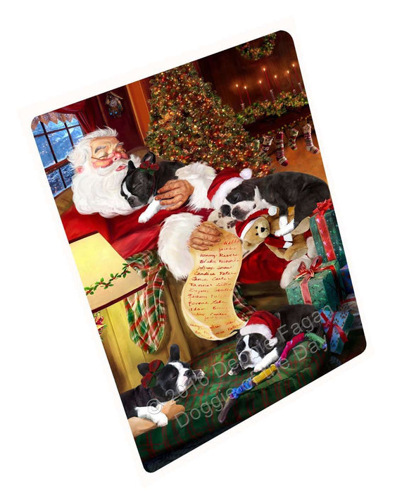 Boston Terrier Dog and Puppies Sleeping with Santa Tempered Cutting Board (Small)