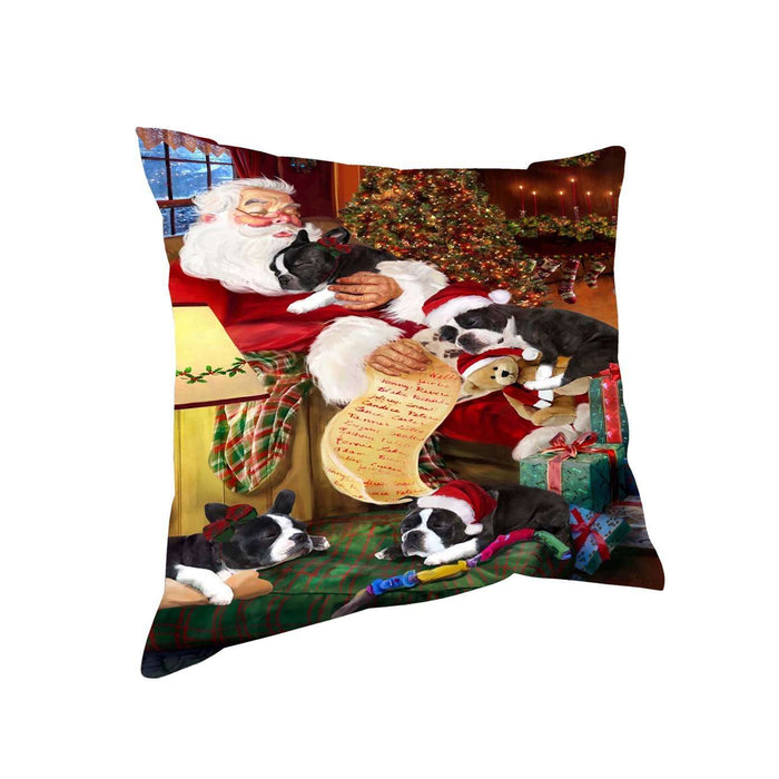 Boston Terrier Dog and Puppies Sleeping with Santa Throw Pillow