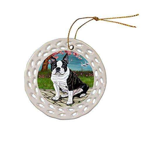 Boston Terrier Dog Christmas Doily Ceramic Ornament