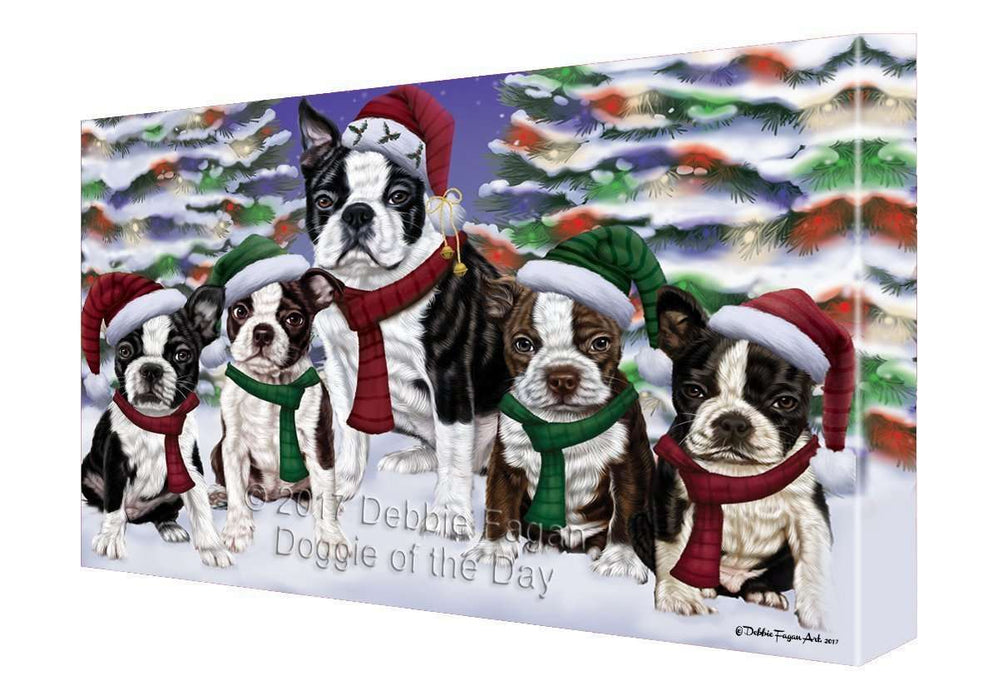Boston Terrier Dog Christmas Family Portrait in Holiday Scenic Background Canvas Wall Art