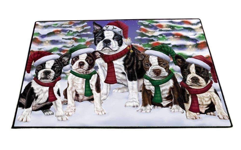 Boston Terrier Dog Christmas Family Portrait in Holiday Scenic Background Indoor/Outdoor Floormat
