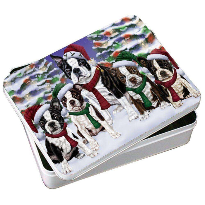 Boston Terrier Dog Christmas Family Portrait in Holiday Scenic Background Photo Storage Tin