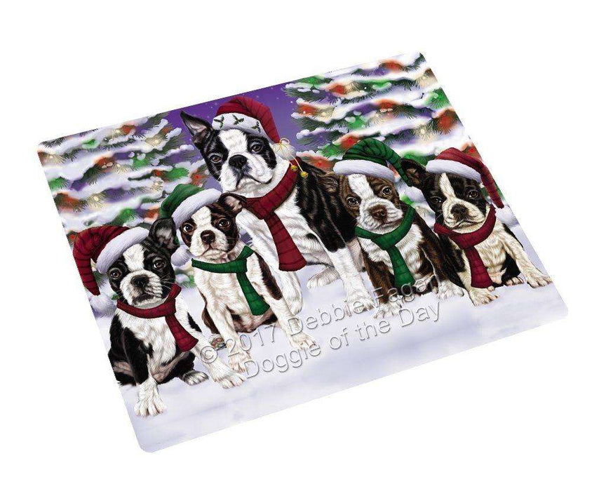Boston Terrier Dog Christmas Family Portrait in Holiday Scenic Background Refrigerator / Dishwasher Magnet