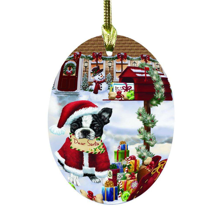 Boston Terrier Dog Dear Santa Letter Christmas Holiday Mailbox Oval Glass Christmas Ornament OGOR49021