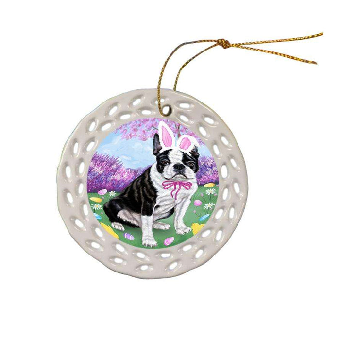 Boston Terrier Dog Easter Holiday Ceramic Doily Ornament DPOR49060