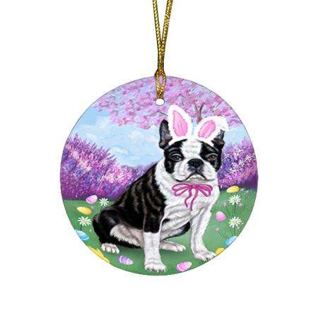 Boston Terrier Dog Easter Holiday Round Flat Christmas Ornament RFPOR49051