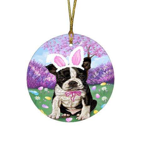 Boston Terrier Dog Easter Holiday Round Flat Christmas Ornament RFPOR49053