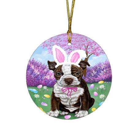 Boston Terrier Dog Easter Holiday Round Flat Christmas Ornament RFPOR49054
