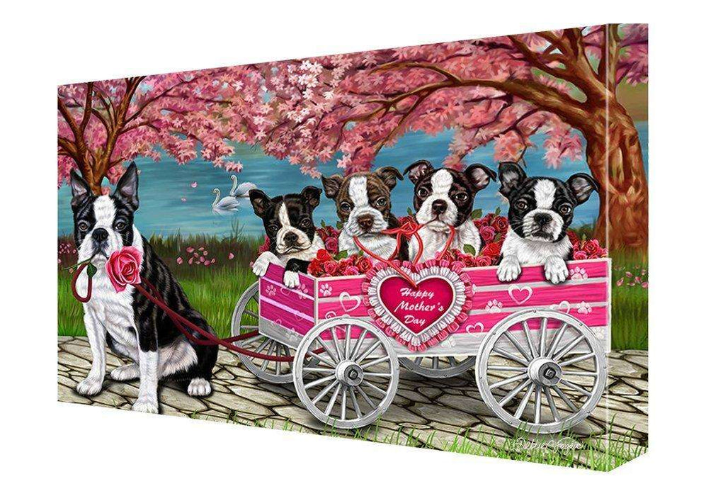 Boston Terrier Dog w/ Puppies Mother's Day Painting Printed on Canvas Wall Art Signed