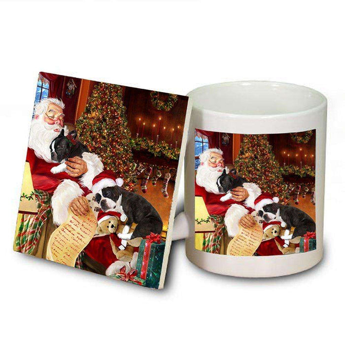 Boston Terrier Dog with Puppies Sleeping with Santa Mug & Coaster Set