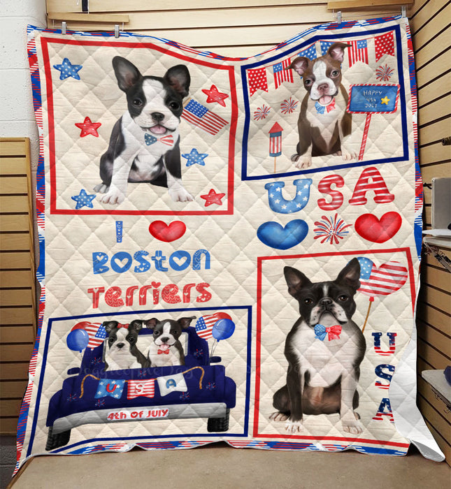 4th of July Independence Day I Love USA Boston Terrier Dogs Quilt Bed Coverlet Bedspread - Pets Comforter Unique One-side Animal Printing - Soft Lightweight Durable Washable Polyester Quilt