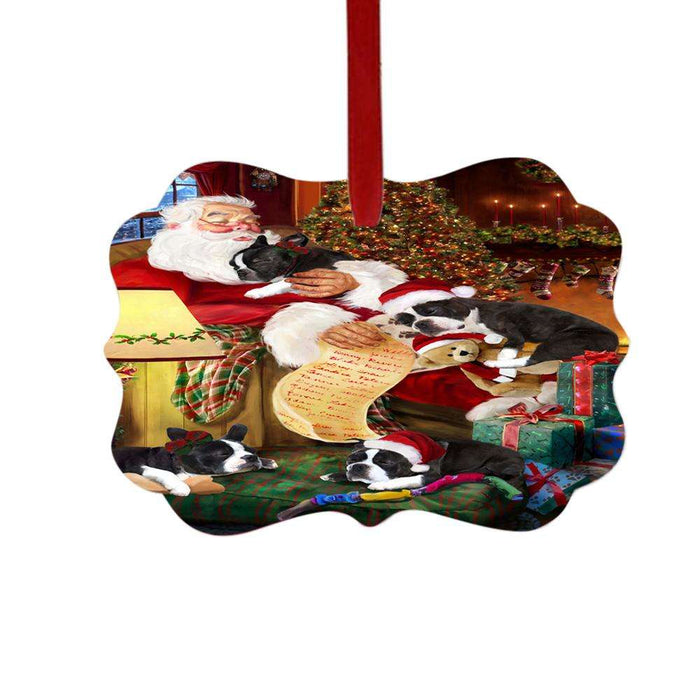 Boston Terriers Dog and Puppies Sleeping with Santa Double-Sided Photo Benelux Christmas Ornament LOR49257