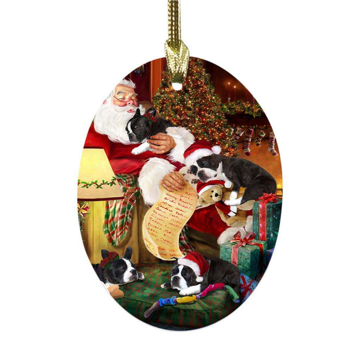 Boston Terriers Dog and Puppies Sleeping with Santa Oval Glass Christmas Ornament OGOR49257