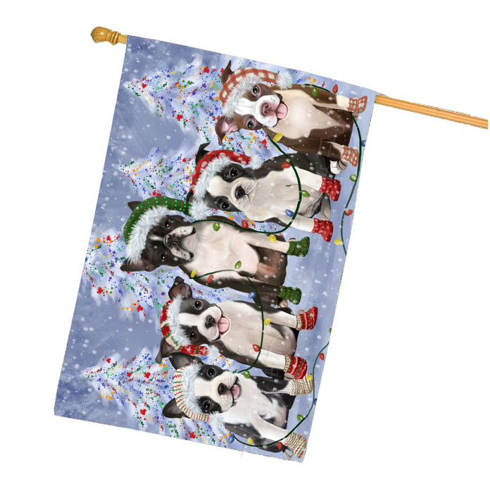 Christmas Lights and Boston Terrier Dogs House Flag Outdoor Decorative Double Sided Pet Portrait Weather Resistant Premium Quality Animal Printed Home Decorative Flags 100% Polyester