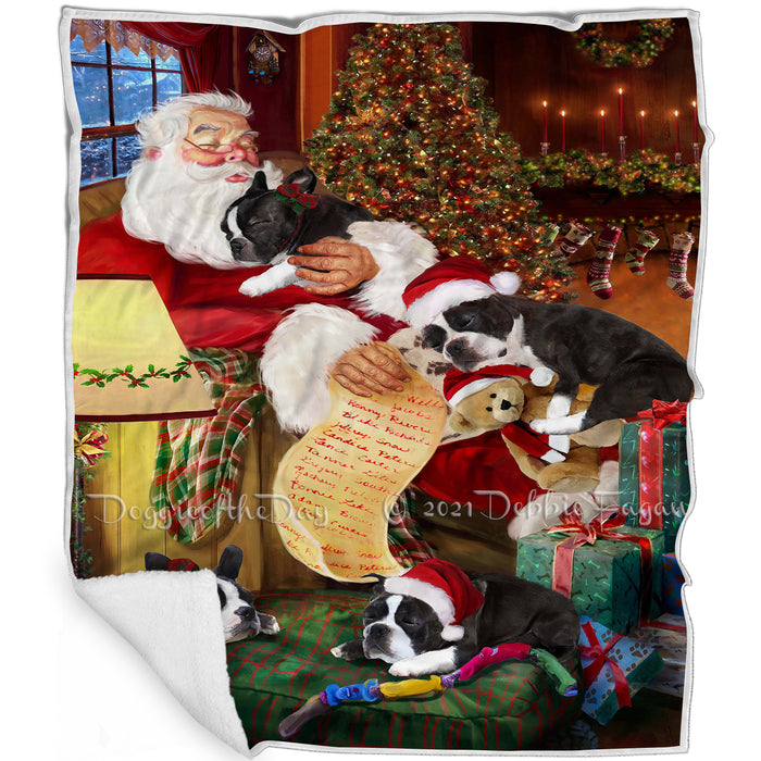 Boston Terrier Dog and Puppies Sleeping with Santa Blanket