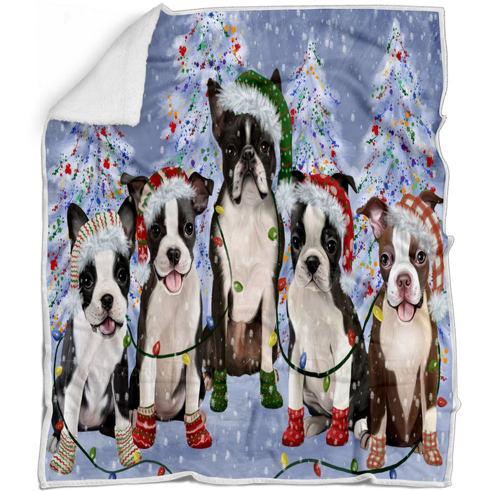 Christmas Lights and Boston Terrier Dogs Blanket - Lightweight Soft Cozy and Durable Bed Blanket - Animal Theme Fuzzy Blanket for Sofa Couch