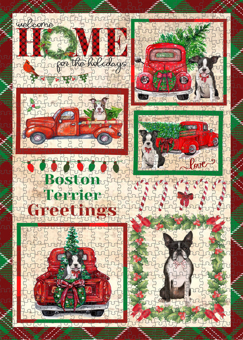 Welcome Home for Christmas Holidays Boston Terrier Dogs Portrait Jigsaw Puzzle for Adults Animal Interlocking Puzzle Game Unique Gift for Dog Lover's with Metal Tin Box