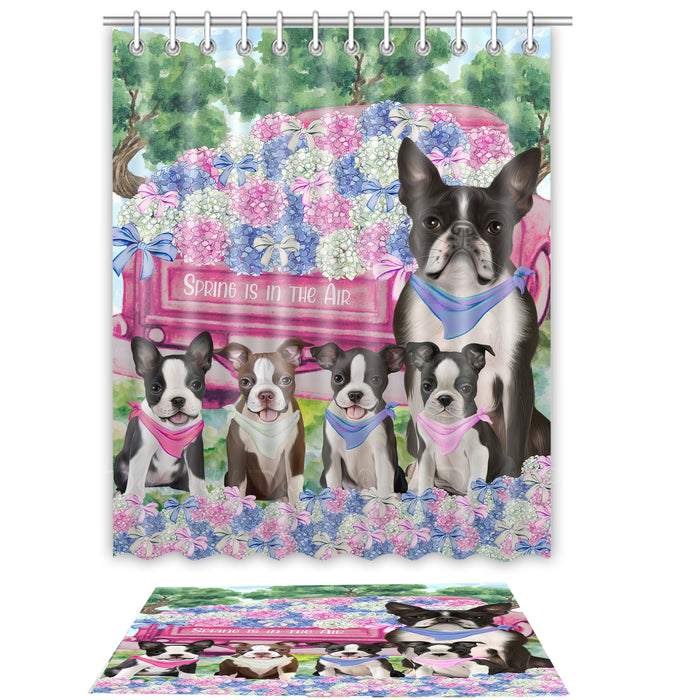 Boston Terrier Shower Curtain & Bath Mat Set - Explore a Variety of Personalized Designs - Custom Rug and Curtains with hooks for Bathroom Decor - Pet and Dog Lovers Gift
