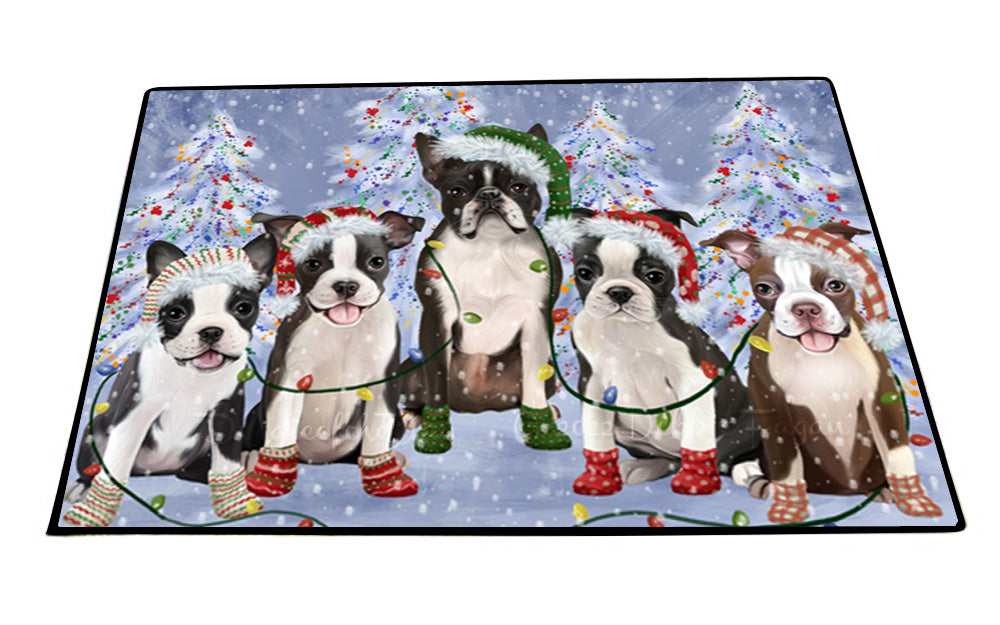 Christmas Lights and Boston Terrier Dogs Floor Mat- Anti-Slip Pet Door Mat Indoor Outdoor Front Rug Mats for Home Outside Entrance Pets Portrait Unique Rug Washable Premium Quality Mat