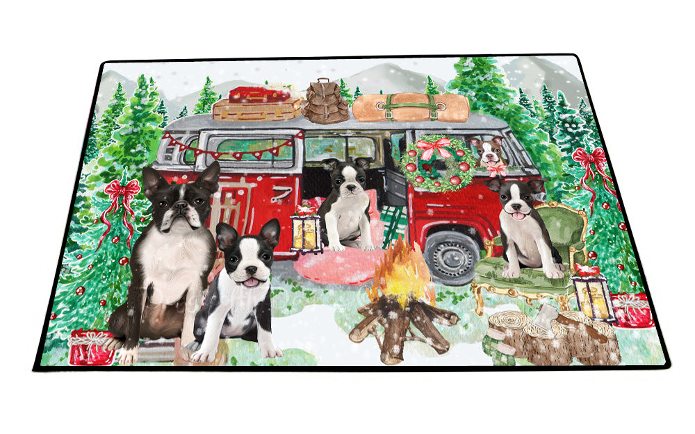 Christmas Time Camping with Boston Terrier Dogs Floor Mat- Anti-Slip Pet Door Mat Indoor Outdoor Front Rug Mats for Home Outside Entrance Pets Portrait Unique Rug Washable Premium Quality Mat