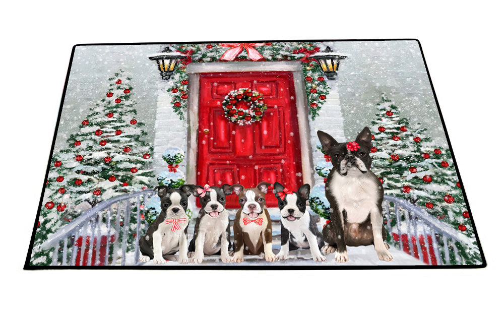 Christmas Holiday Welcome Boston Terrier Dogs Floor Mat- Anti-Slip Pet Door Mat Indoor Outdoor Front Rug Mats for Home Outside Entrance Pets Portrait Unique Rug Washable Premium Quality Mat