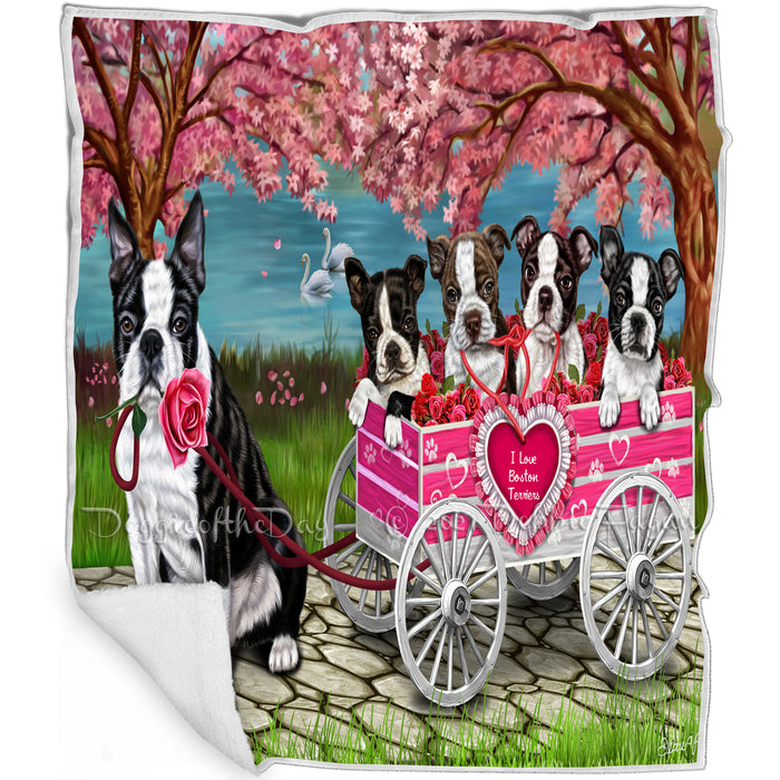I Love Boston Terrier Dogs in a Cart Art Portrait Print Woven Throw Sherpa Plush Fleece Blanket