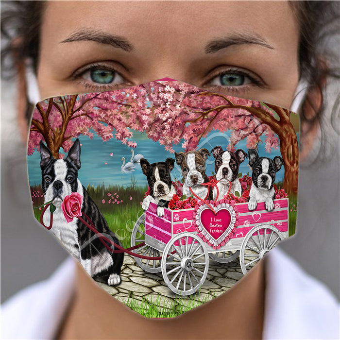 I Love Boston Terrier Dogs in a Cart Face Mask FM48127