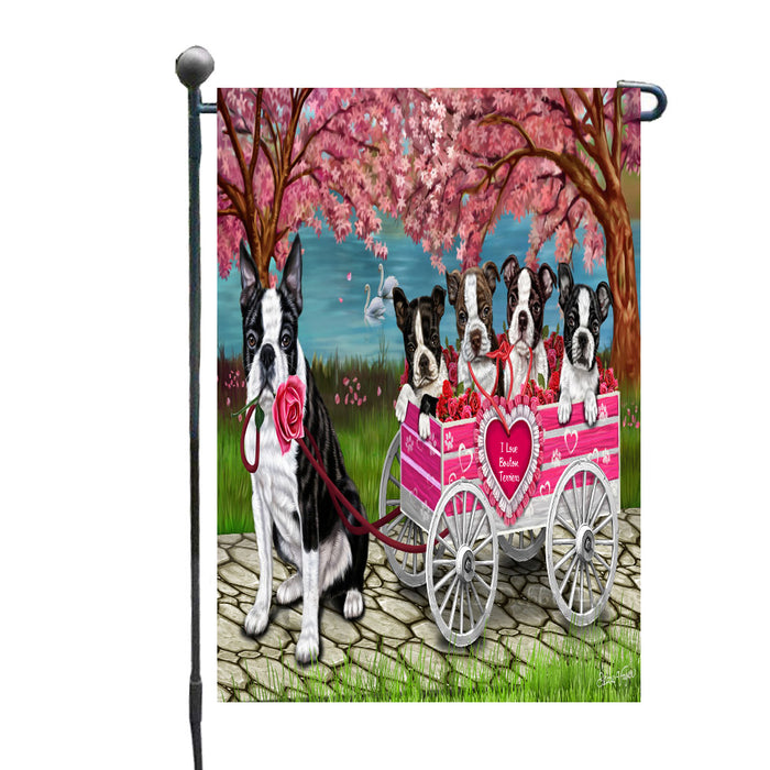 I Love Boston Terrier Dogs in a Cart Garden Flags Outdoor Decor for Homes and Gardens Double Sided Garden Yard Spring Decorative Vertical Home Flags Garden Porch Lawn Flag for Decorations