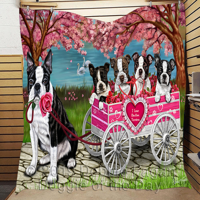 I Love Boston Terrier Dogs in a Cart Quilt