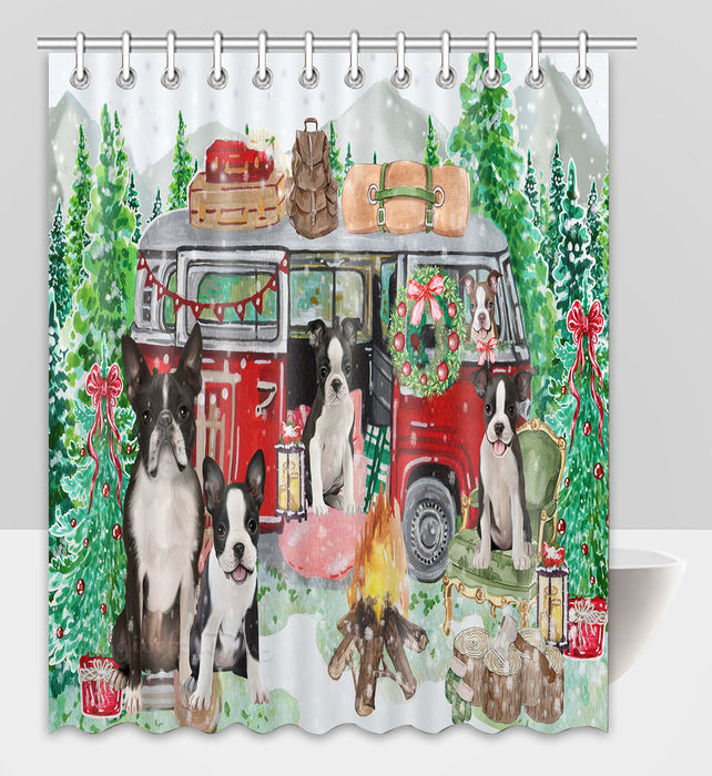 Christmas Time Camping with Boston Terrier Dogs Shower Curtain Pet Painting Bathtub Curtain Waterproof Polyester One-Side Printing Decor Bath Tub Curtain for Bathroom with Hooks