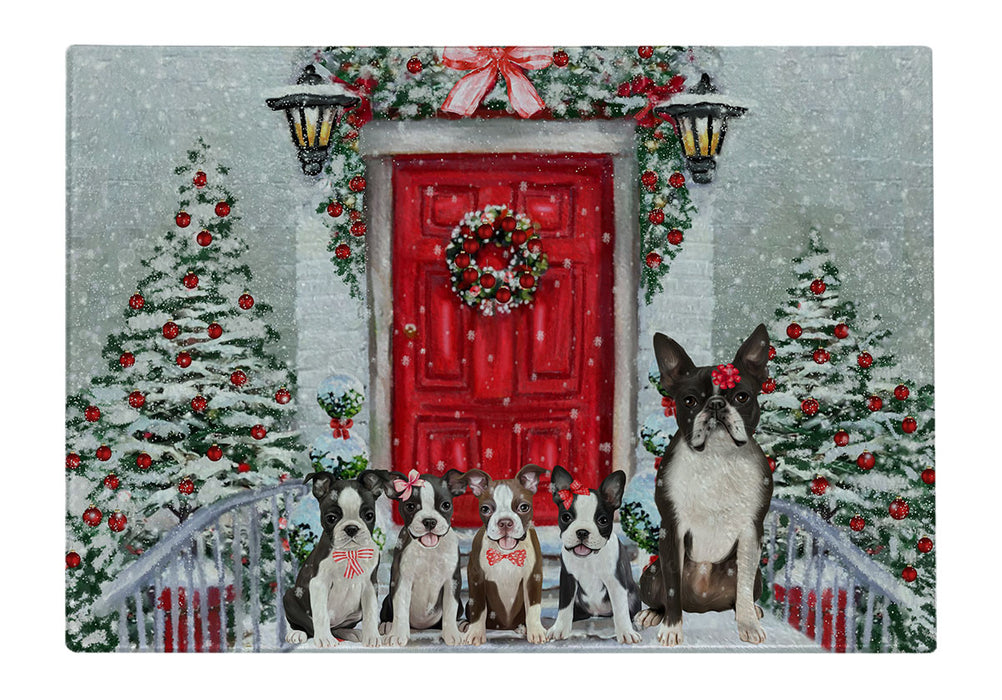 Christmas Holiday Welcome Boston Terrier Dogs Cutting Board - For Kitchen - Scratch & Stain Resistant - Designed To Stay In Place - Easy To Clean By Hand - Perfect for Chopping Meats, Vegetables