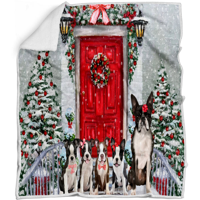 Christmas Holiday Welcome Boston Terrier Dogs Blanket - Lightweight Soft Cozy and Durable Bed Blanket - Animal Theme Fuzzy Blanket for Sofa Couch