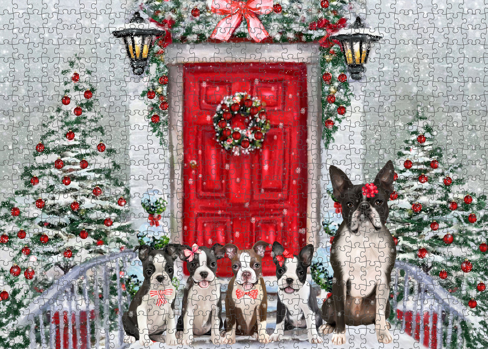 Christmas Holiday Welcome Boston Terrier Dogs Portrait Jigsaw Puzzle for Adults Animal Interlocking Puzzle Game Unique Gift for Dog Lover's with Metal Tin Box