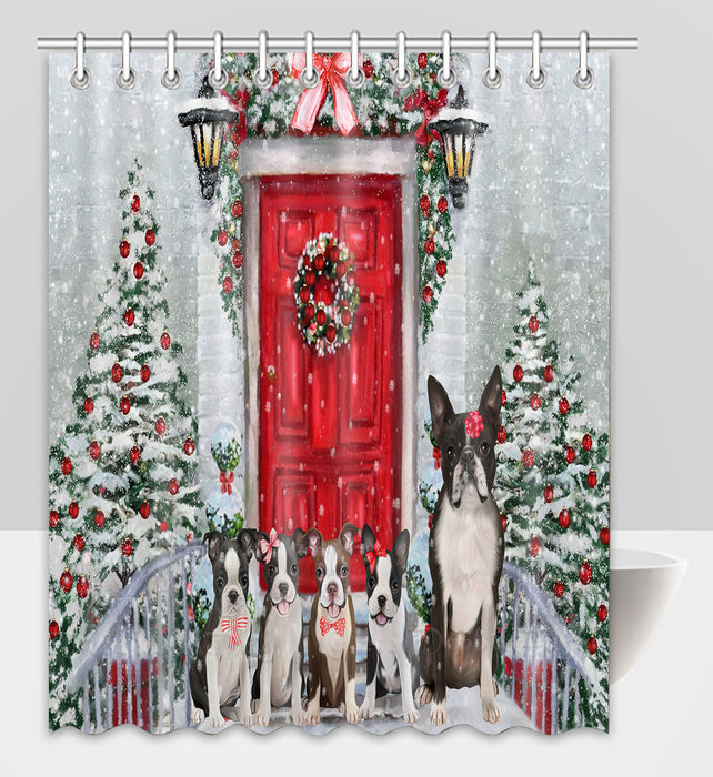 Christmas Holiday Welcome Boston Terrier Dogs Shower Curtain Pet Painting Bathtub Curtain Waterproof Polyester One-Side Printing Decor Bath Tub Curtain for Bathroom with Hooks