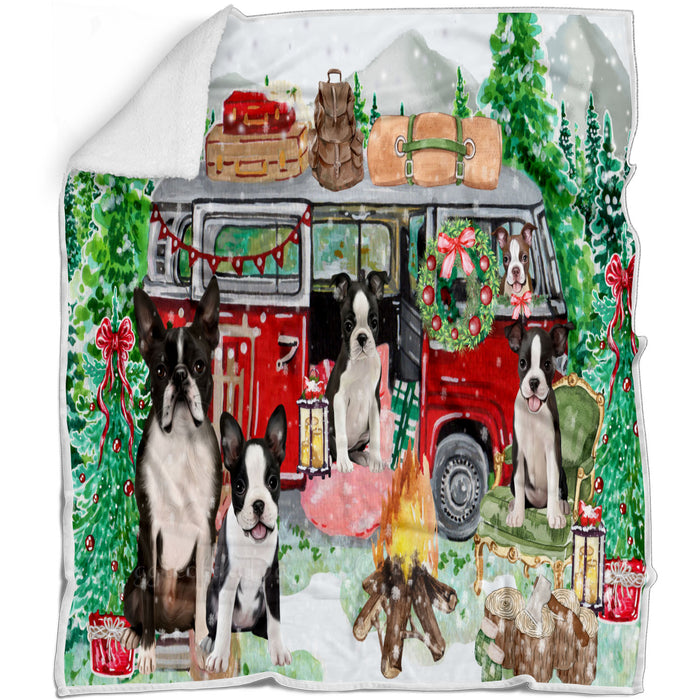 Christmas Time Camping with Boston Terrier Dogs Blanket - Lightweight Soft Cozy and Durable Bed Blanket - Animal Theme Fuzzy Blanket for Sofa Couch