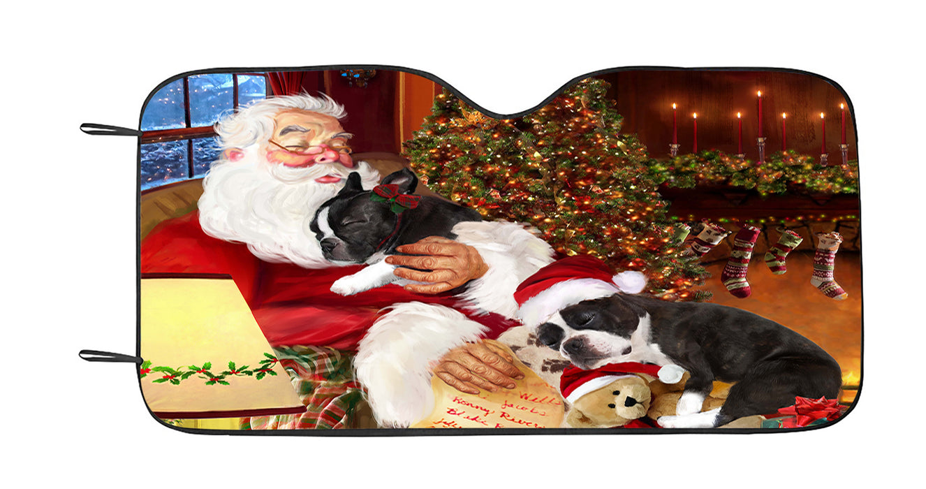 Santa Sleeping with Boston Terrier Dogs Car Sun Shade